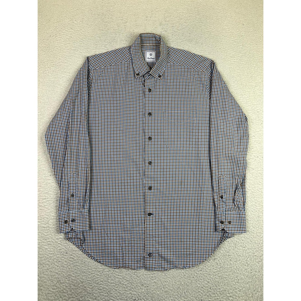 David Donahue Shirt Mens Large Blue Brown Gingham Dress Long Sleeve Cotton